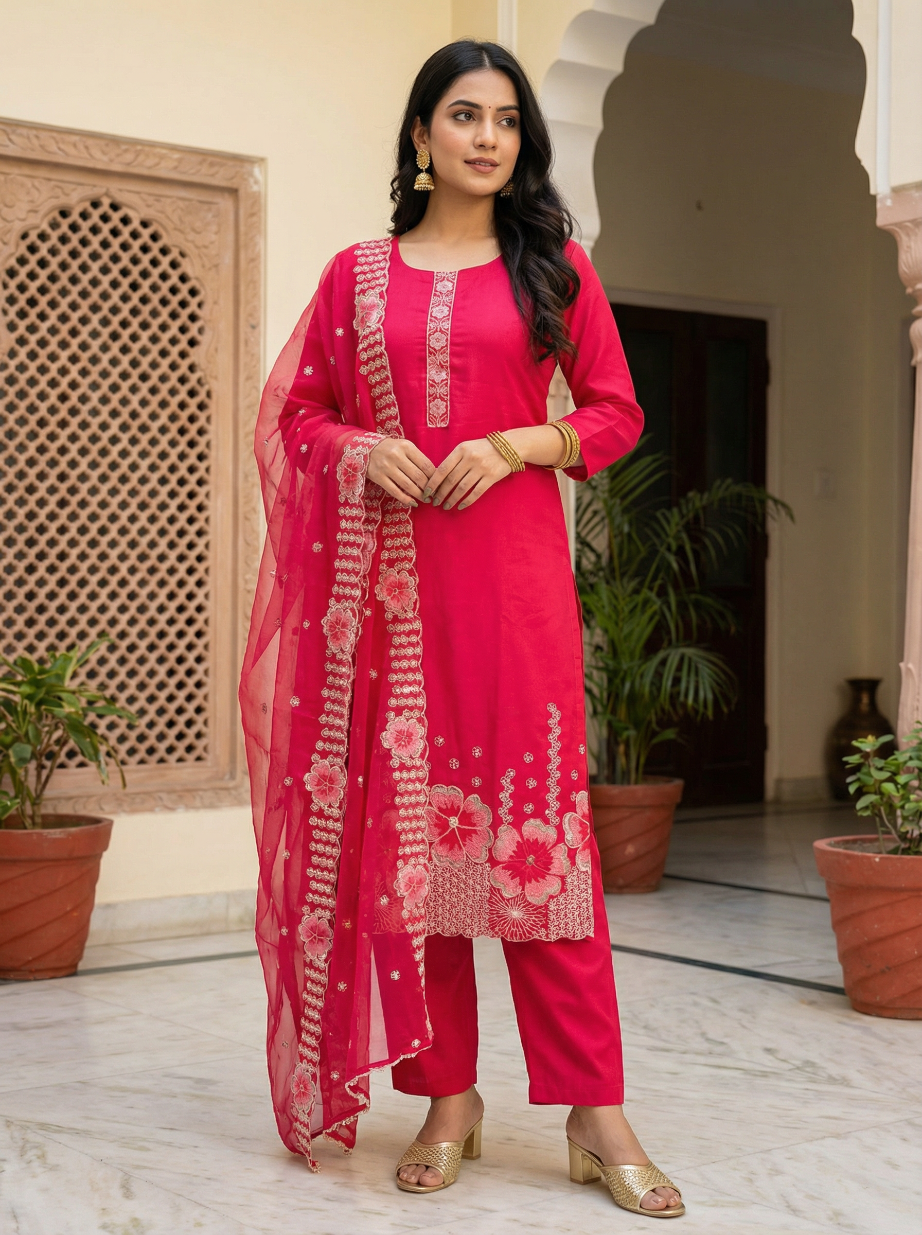BEAUTIFUL PINK ROMAN SILK DRESS WITH FLOWER EMBROIDERY WITH NET DUPATTA
